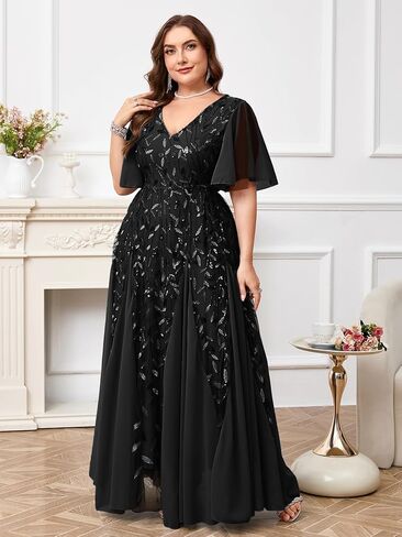 ZOMVA Plus Size 0X-4X Sequin Embroidery Formal Long Dress Glitter V-Neck A Line Prom Dress Wedding Evening Gown in Kuwait