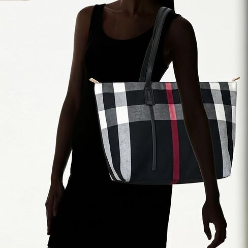 Plaid Canvas Tote Shoulder Bag, Large Capacity Handbag for Women in Saudi Arabia
