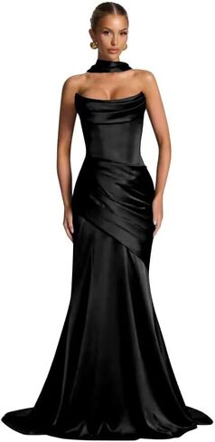 فساتين حفلة موسيقية من الساتان للنساء مع وشاح حورية البحر طويل بدون حمالات لحفلات السهرة الرسمية in Kuwait