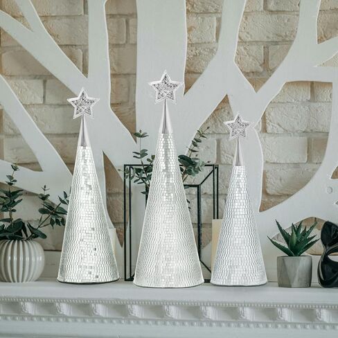 WDHODEC Red Gold Silver Glass Christmas Trees Set of 3, 17" 15" 13" Small Tabletop Christmas Tree Handmade Disco Decor for Xmas Table Party Decoration in Kuwait