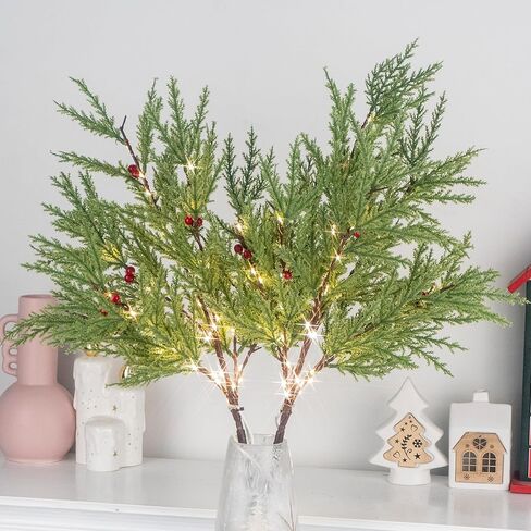 فروع الصنوبر الاصطناعي المضيئة للمزهريات، أغصان السرو لعيد الميلاد مقاس 28 بوصة مع 60 مصباح LED، تعمل بالبطارية أو قابس USB، ديكورات للعطلات داخلية/خارجية (قطعتان) in Kuwait