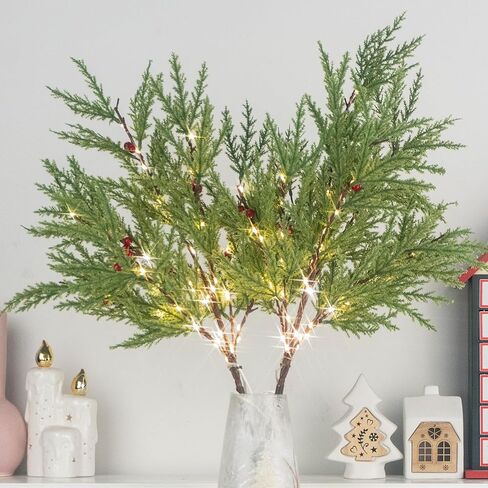 فروع الصنوبر الاصطناعي المضيئة للمزهريات، أغصان السرو لعيد الميلاد مقاس 28 بوصة مع 60 مصباح LED، تعمل بالبطارية أو قابس USB، ديكورات للعطلات داخلية/خارجية (قطعتان) in Kuwait