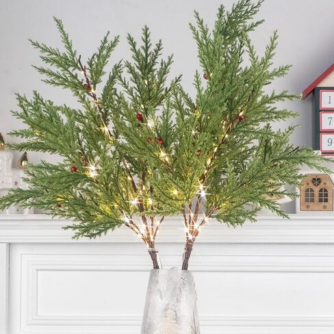 فروع الصنوبر الاصطناعي المضيئة للمزهريات، أغصان السرو لعيد الميلاد مقاس 28 بوصة مع 60 مصباح LED، تعمل بالبطارية أو قابس USB، ديكورات للعطلات داخلية/خارجية (قطعتان) in Kuwait