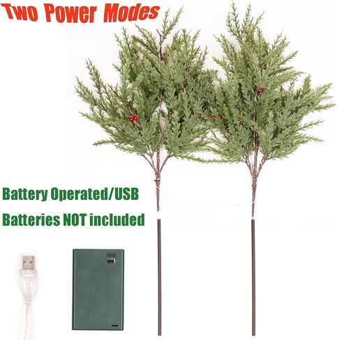 فروع الصنوبر الاصطناعي المضيئة للمزهريات، أغصان السرو لعيد الميلاد مقاس 28 بوصة مع 60 مصباح LED، تعمل بالبطارية أو قابس USB، ديكورات للعطلات داخلية/خارجية (قطعتان) in Kuwait