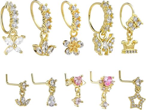 10 قطع من حلقات الأنف المتدلية للنساء 20 جم على شكل حرف L وحلقات أنف متدلية لطيفة مع سحر تشيكوسلوفاكيا الهندية ثقب المجوهرات الغضروف للنساء in Kuwait