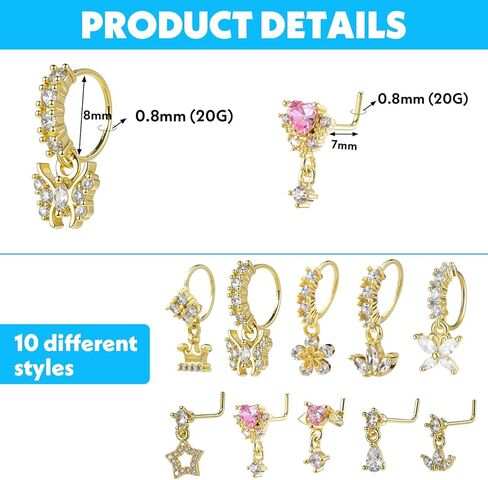 10 قطع من حلقات الأنف المتدلية للنساء 20 جم على شكل حرف L وحلقات أنف متدلية لطيفة مع سحر تشيكوسلوفاكيا الهندية ثقب المجوهرات الغضروف للنساء in Kuwait