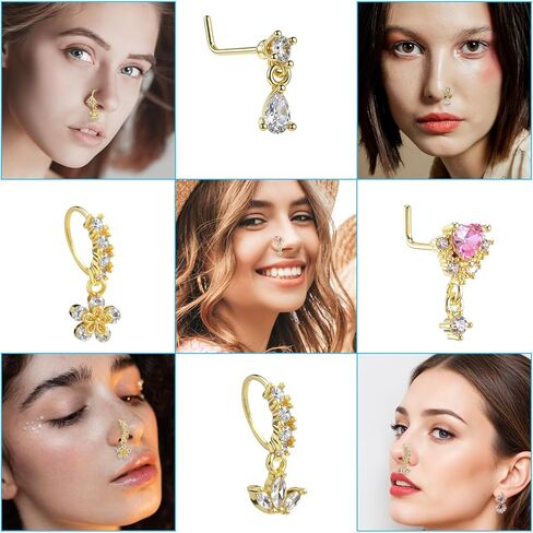 10 قطع من حلقات الأنف المتدلية للنساء 20 جم على شكل حرف L وحلقات أنف متدلية لطيفة مع سحر تشيكوسلوفاكيا الهندية ثقب المجوهرات الغضروف للنساء in Kuwait