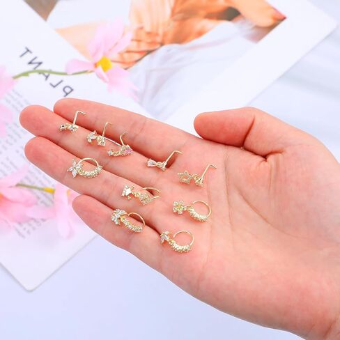 10 قطع من حلقات الأنف المتدلية للنساء 20 جم على شكل حرف L وحلقات أنف متدلية لطيفة مع سحر تشيكوسلوفاكيا الهندية ثقب المجوهرات الغضروف للنساء in Kuwait