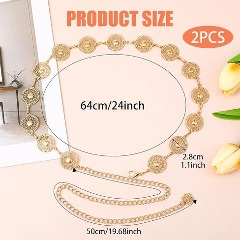 2Pcs Western Metal Concho Belt for Women, Hollow Out Adjustable Boho Waist Chain Western Chain Belt for Cowgirl Belts Dresses Jeans in Saudi Arabia