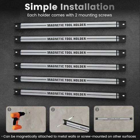 Goplus 6 قطع 18 بوصة حامل أدوات مغناطيسي، شريط حامل أدوات مغناطيسي، شريط أدوات مغناطيسي عالي التحمل، رف منظم أدوات معدني موفر للمساحة، شريط مغناطيسي للأدوات لورشة العمل المنزلية (يتضمن براغي التثبيت) in Kuwait