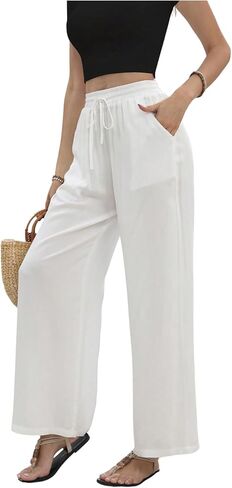 SHENHE Women's Wide Leg Palazzo Pants Drawstring Elastic Beach Vacation Travel Loose Trousers in Saudi Arabia