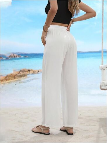 SHENHE Women's Wide Leg Palazzo Pants Drawstring Elastic Beach Vacation Travel Loose Trousers in Saudi Arabia