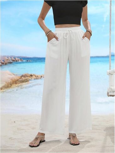 SHENHE Women's Wide Leg Palazzo Pants Drawstring Elastic Beach Vacation Travel Loose Trousers in Saudi Arabia