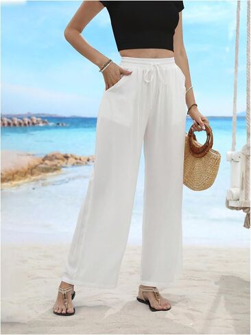 SHENHE Women's Wide Leg Palazzo Pants Drawstring Elastic Beach Vacation Travel Loose Trousers in Saudi Arabia