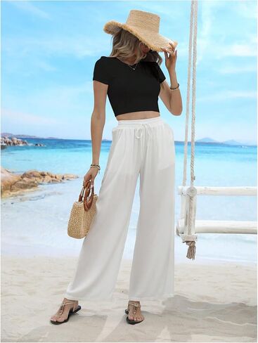 SHENHE Women's Wide Leg Palazzo Pants Drawstring Elastic Beach Vacation Travel Loose Trousers in Saudi Arabia
