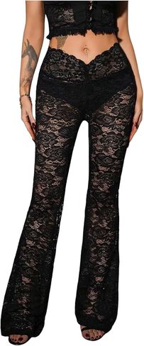 Verdusa Women's Lace Bell Bottom Pants Y2K Low Waist Flare Pants See Through Rave Outfits in Saudi Arabia