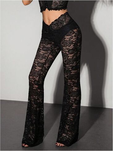 Verdusa Women's Lace Bell Bottom Pants Y2K Low Waist Flare Pants See Through Rave Outfits in Saudi Arabia