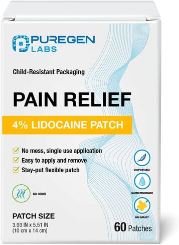 Puregen Labs ليدوكائين 4% رقعة مخدرة بأقصى قوة | تخفيف مؤقت سريع المفعول للأوجاع | الظهر، الرقبة، الأكتاف، المرفقين، الركبتين - بدون رائحة | 30 رقعة in Saudi Arabia