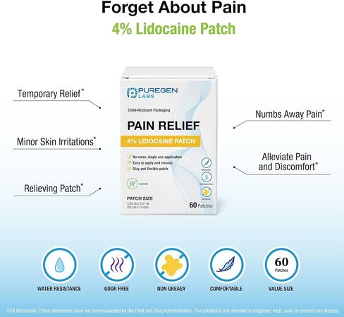 Puregen Labs ليدوكائين 4% رقعة مخدرة بأقصى قوة | تخفيف مؤقت سريع المفعول للأوجاع | الظهر، الرقبة، الأكتاف، المرفقين، الركبتين - بدون رائحة | 30 رقعة in Saudi Arabia
