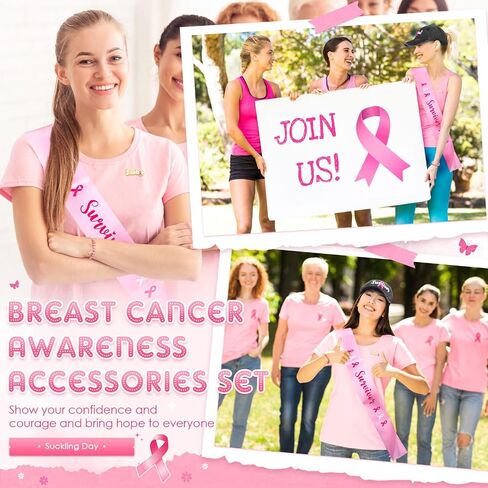 JaGely 4 قطعة 2025 مجموعة إكسسوارات التوعية بسرطان الثدي قبعة سرطان الثدي الوردي سوار مُزين بالخرز الناجي وشاح ودبوس النساء in Saudi Arabia