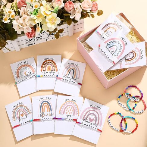 Landical 20 Sets Inspirational Gifts for Women Friendship Bracelets Motivational Bracelets Rainbow Beaded Inspirational Quotes Card Bulk for Students Employee Staff Team Prizes in Saudi Arabia