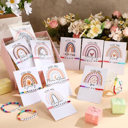 Landical 20 Sets Inspirational Gifts for Women Friendship Bracelets Motivational Bracelets Rainbow Beaded Inspirational Quotes Card Bulk for Students Employee Staff Team Prizes in Saudi Arabia