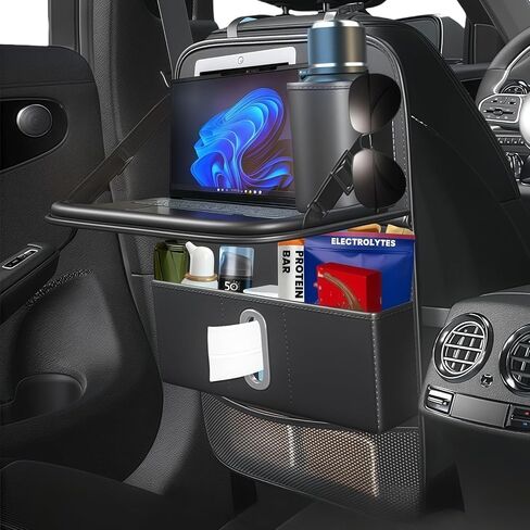 1 Pack Backseat Car Organizer, Large Capacity with Adjustable Foldable Table Tray, Waterproof PU Leather Back Seat Storage with Touch Screen Tablet Holder, Car Travel Essentials, Obsidian Black in Saudi Arabia