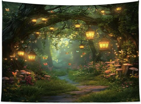 Fantasy Forest Tapestry Fairy Magical Enchanted Misty Jungle Mushroom Floral Tree Butterfly Lantern Wonderland Nature Plant Wall Decor Home Decoration for Bedroom Living Room Dorm 59W×51L inches in Saudi Arabia