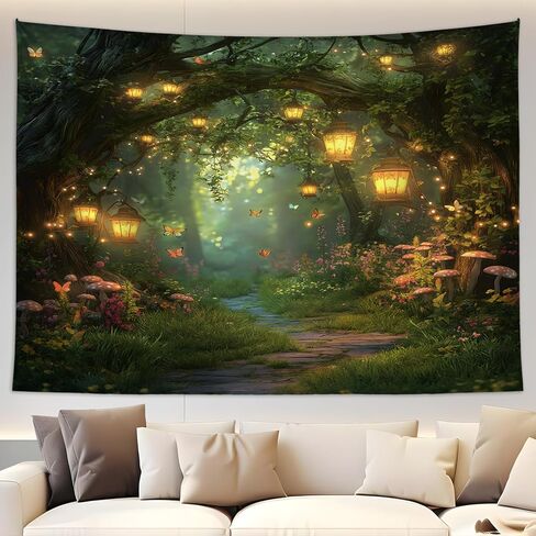 Fantasy Forest Tapestry Fairy Magical Enchanted Misty Jungle Mushroom Floral Tree Butterfly Lantern Wonderland Nature Plant Wall Decor Home Decoration for Bedroom Living Room Dorm 59W×51L inches in Saudi Arabia