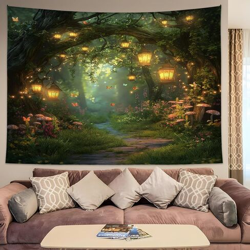 Fantasy Forest Tapestry Fairy Magical Enchanted Misty Jungle Mushroom Floral Tree Butterfly Lantern Wonderland Nature Plant Wall Decor Home Decoration for Bedroom Living Room Dorm 59W×51L inches in Saudi Arabia
