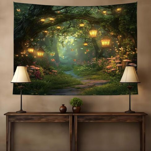 Fantasy Forest Tapestry Fairy Magical Enchanted Misty Jungle Mushroom Floral Tree Butterfly Lantern Wonderland Nature Plant Wall Decor Home Decoration for Bedroom Living Room Dorm 59W×51L inches in Saudi Arabia