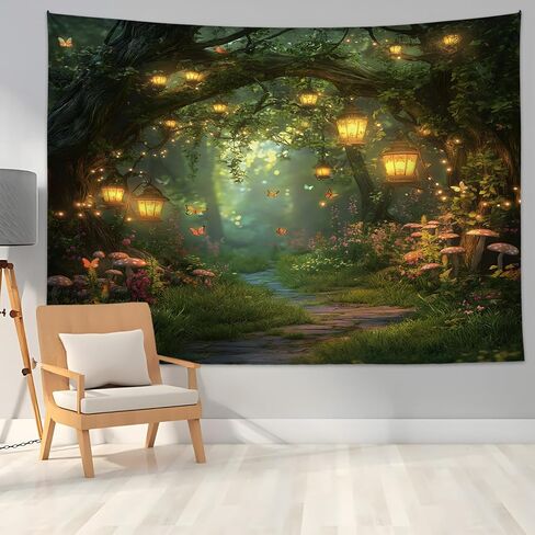 Fantasy Forest Tapestry Fairy Magical Enchanted Misty Jungle Mushroom Floral Tree Butterfly Lantern Wonderland Nature Plant Wall Decor Home Decoration for Bedroom Living Room Dorm 59W×51L inches in Saudi Arabia