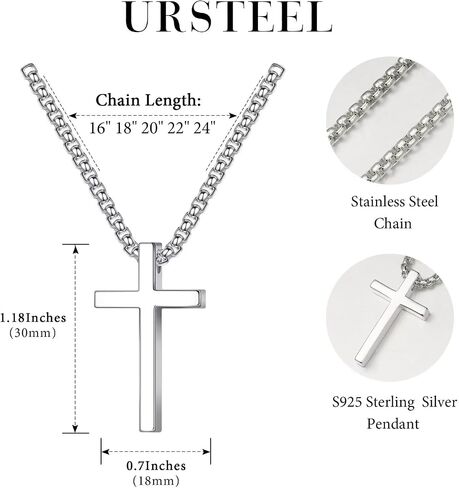 Ursteel 925 الفضة الاسترليني قلادة الصليب للرجال النساء - 18K الذهب الأبيض مطلي الفولاذ المقاوم للصدأ الماس قطع الفضة سلسلة الصليب مجوهرات 16-24 بوصة in Kuwait