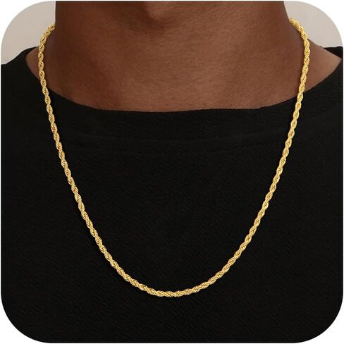 Rope Chain for Men, 18K Gold Over 925 Sterling Silver 3MM Rope Chain Diamond Cut Gold Chain Necklace Gifts for Boyfriend Father Husband in Saudi Arabia