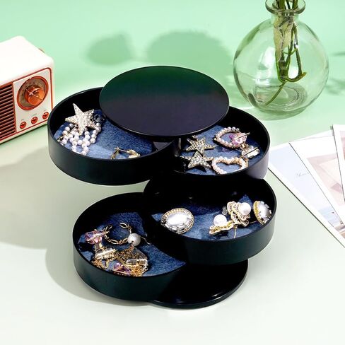 Jewellery Organiser, 4 Tier Rotatable Jewellery Tray Box, Small Head Ornament Storage Box with Lid, Round Travel Organiser for Gift Rings Bracelets, Black in Saudi Arabia