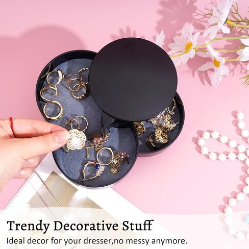 Jewellery Organiser, 4 Tier Rotatable Jewellery Tray Box, Small Head Ornament Storage Box with Lid, Round Travel Organiser for Gift Rings Bracelets, Black in Saudi Arabia
