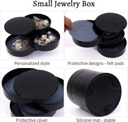 Jewellery Organiser, 4 Tier Rotatable Jewellery Tray Box, Small Head Ornament Storage Box with Lid, Round Travel Organiser for Gift Rings Bracelets, Black in Saudi Arabia