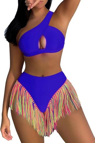 Segreto Women's Multicolored Tassels Bikini Sets Two Piece Swimsuit Tube Bra and Briefs Swimwear One Shoulder Bathing Suits in Kuwait