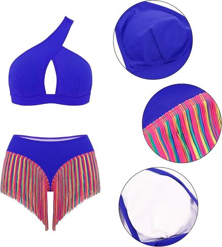 Segreto Women's Multicolored Tassels Bikini Sets Two Piece Swimsuit Tube Bra and Briefs Swimwear One Shoulder Bathing Suits in Kuwait