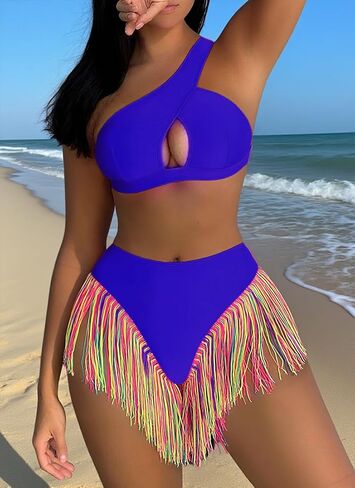 Segreto Women's Multicolored Tassels Bikini Sets Two Piece Swimsuit Tube Bra and Briefs Swimwear One Shoulder Bathing Suits in Kuwait