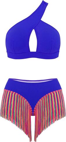 Segreto Women's Multicolored Tassels Bikini Sets Two Piece Swimsuit Tube Bra and Briefs Swimwear One Shoulder Bathing Suits in Kuwait