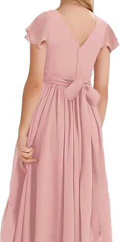 Junior Bridesmaid Dresses Short Sleeves Square Neck Girls Formal Dress Chiffon Flower Girl Dress for Wedding in Saudi Arabia