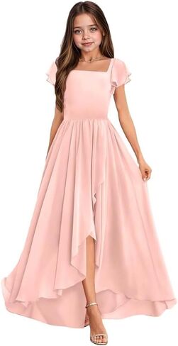 Junior Bridesmaid Dresses Short Sleeves Square Neck Girls Formal Dress Chiffon Flower Girl Dress for Wedding in Saudi Arabia