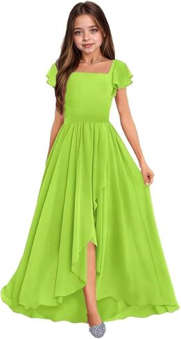 Junior Bridesmaid Dresses Short Sleeves Square Neck Girls Formal Dress Chiffon Flower Girl Dress for Wedding in Saudi Arabia