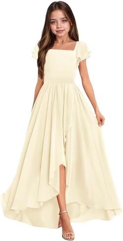Junior Bridesmaid Dresses Short Sleeves Square Neck Girls Formal Dress Chiffon Flower Girl Dress for Wedding in Saudi Arabia