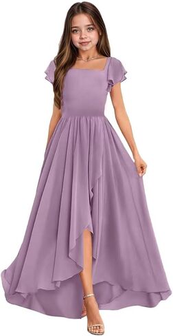 Junior Bridesmaid Dresses Short Sleeves Square Neck Girls Formal Dress Chiffon Flower Girl Dress for Wedding in Saudi Arabia