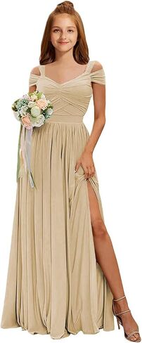 Junior Bridesmaid Dresses Off The Shoulder Chiffon Flower Girl Dress for Teens Pleated Long Girls Formal Dress with Slit in Saudi Arabia