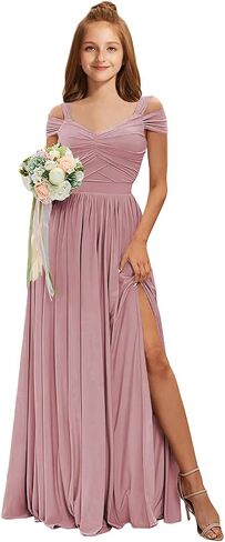 Junior Bridesmaid Dresses Off The Shoulder Chiffon Flower Girl Dress for Teens Pleated Long Girls Formal Dress with Slit in Saudi Arabia