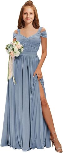 Junior Bridesmaid Dresses Off The Shoulder Chiffon Flower Girl Dress for Teens Pleated Long Girls Formal Dress with Slit in Saudi Arabia