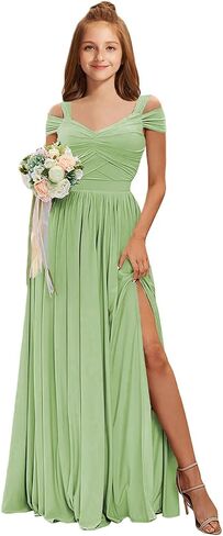 Junior Bridesmaid Dresses Off The Shoulder Chiffon Flower Girl Dress for Teens Pleated Long Girls Formal Dress with Slit in Saudi Arabia